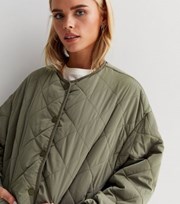 New Look Petite Olive Quilted Collarless Jacket
